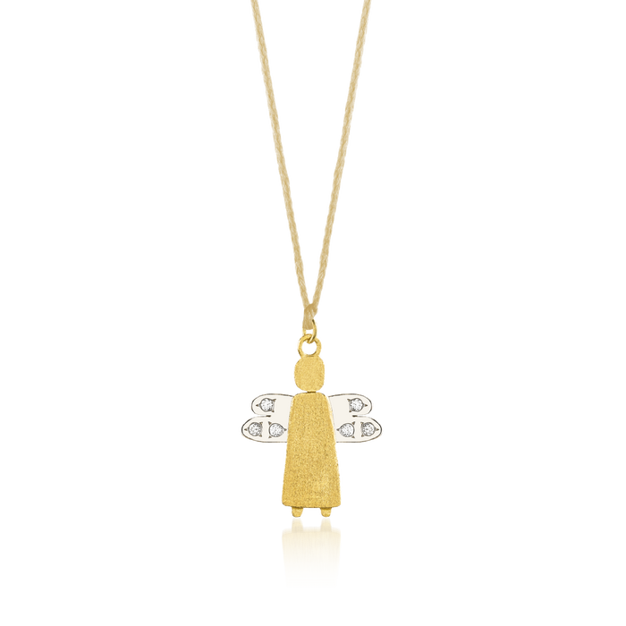 Gold and diamond pendant with beige cord - My Angel
