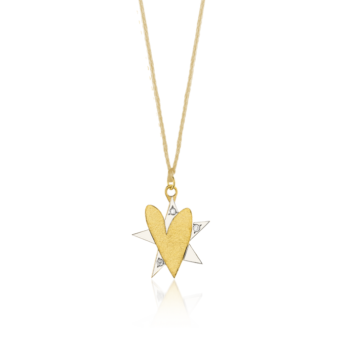 Gold and diamond pendant with beige cord - My Love